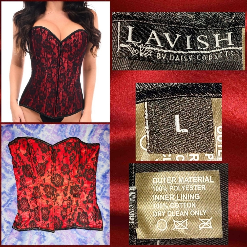 Lavish by Daisy Corsets brand Red w/Black Lace Front Zipper Corset Sz Large